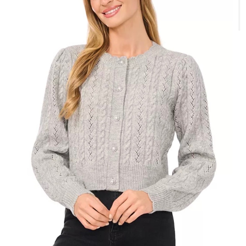 CeCe Pointelle Heart‎ Button Cardigan Grey Large NWT